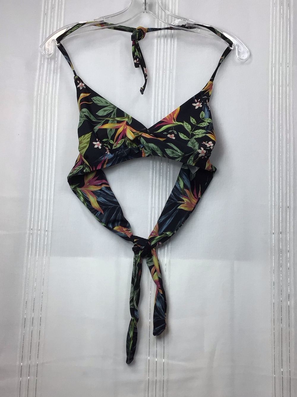 🦜 Kona Sol Swim Black Exotic Tropical Print Self Tie Halter Bikini Top Sz.L